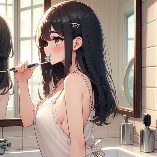 (((masterpiece))), (((best quality))), (((from side))), (((brush teeth))), (((reflection))), (((mirror))), (((looking at self))), ((side breast)), ((side open)), ((loose camisole)), ((bare thighs)), ((holding a toothbrush)), sink, tile wall, window,, solo, 1girl, (((big tits))), longhair, hairclip, ribbon, sweat, daze, shy, blush, slim figure, <lora:girllikebrushteeth:1>