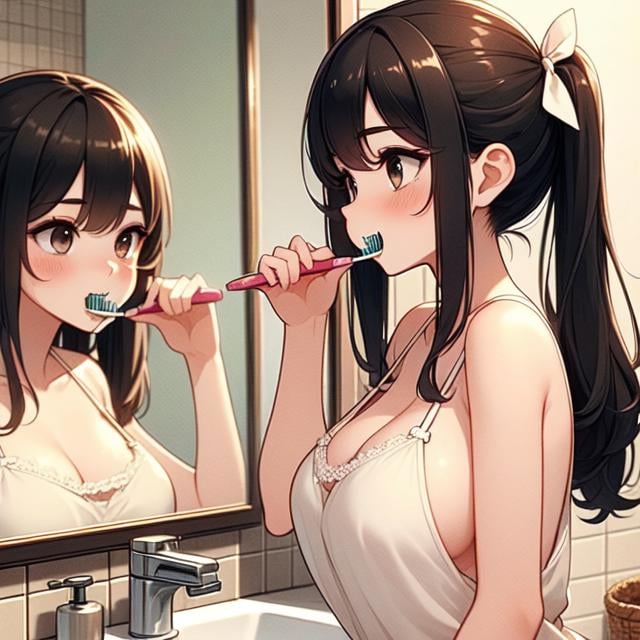 (((masterpiece))), (((best quality))), (((from side))), (((brush teeth))),  (((holding a toothbrush))), (((open mouth))), (((reflection))), (((mirror))), (((looking at self))), ((side breast)), ((side open)), ((loose camisole)), ((bare thighs)), sink, tile wall, window, solo, 1girl, (((big tits))), brown ponytail, hairclip, ribbon, sweat, daze, shy, blush, slim figure, night, <lora:girllikebrushteeth:1>