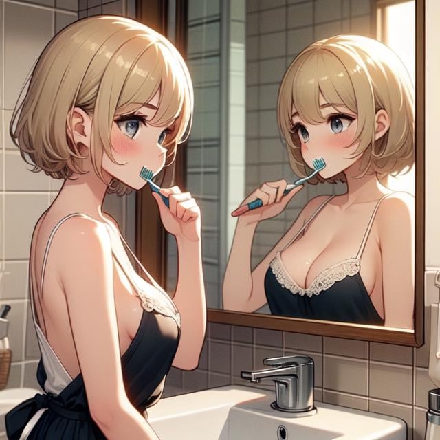 (((masterpiece))), (((best quality))), (((from side))), (((brush teeth))),  (((soap foam on mouth))), (((reflection))), (((mirror))), (((looking at self))), ((side breast)), ((side open)), ((loose camisole)), ((bare thighs)), sink, tile wall, window,  solo, 1girl, (((big tits))), blonde short hair, hairclip, ribbon, sweat, daze, shy, blush, slim figure, night, <lora:girllikebrushteeth:1>