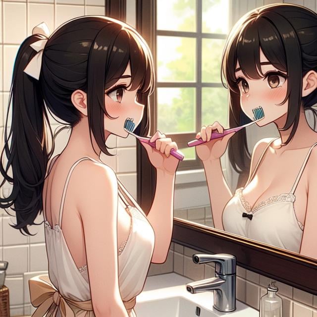 (((masterpiece))), (((best quality))), (((from side))), (((brush teeth))),  (((holding a toothbrush))), (((reflection))), (((mirror))), (((looking at self))), ((side breast)), ((side open)), ((loose camisole)), ((bare thighs)), ((open mouth)), sink, tile wall, window, solo, 1girl, (((big tits))), brown ponytail, hairclip, ribbon, sweat, daze, shy, blush, slim figure, night, <lora:girllikebrushteeth:1>