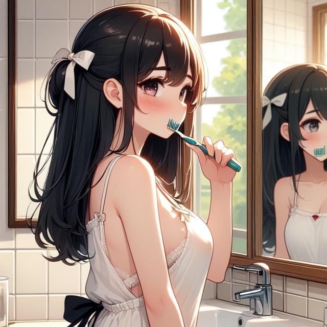 (((masterpiece))), (((best quality))), (((from side))), ((brush teeth)), ((toothbrush)), (((reflection))), (((mirror))), (((looking at self))), ((side breast)), ((side open)), ((loose camisole)), bare thighs, sink, tile wall, window,, solo, 1girl, (((big tits))), longhair, hairclip, ribbon, sweat, daze, shy, blush, slim figure, <lora:girllikebrushteeth:1>