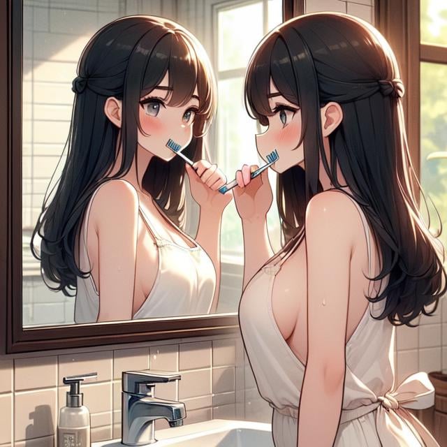 (((masterpiece))), (((best quality))), (((from side))), (((brush teeth))), (((reflection))), (((mirror))), (((looking at self))), ((side breast)), ((side open)), ((loose camisole)), ((bare thighs)), ((holding a toothbrush)), sink, tile wall, window,, solo, 1girl, (((big tits))), longhair, hairclip, ribbon, sweat, daze, shy, blush, slim figure, <lora:girllikebrushteeth:1>