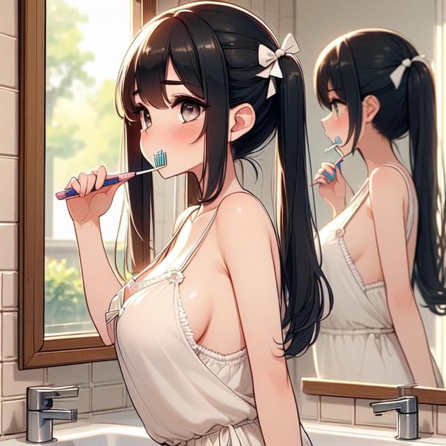 (((masterpiece))), (((best quality))), (((from side))), (((brush teeth))),  (((reflection))), (((mirror))), (((looking at self))), ((side breast)), ((side open)), ((loose camisole)), ((bare thighs)), ((holding a toothbrush)), sink, tile wall, window,, solo, 1girl, (((big tits))), twintails, hairclip, ribbon, sweat, daze, shy, blush, slim figure, night, <lora:girllikebrushteeth:1>