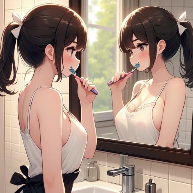 (((masterpiece))), (((best quality))), (((from side))), (((brush teeth))),  (((holding a toothbrush))), (((reflection))), (((mirror))), (((looking at self))), ((side breast)), ((side open)), ((loose camisole)), ((bare thighs)), sink, tile wall, window,  solo, 1girl, (((big tits))), brown ponytail, hairclip, ribbon, sweat, daze, shy, blush, slim figure, night, <lora:girllikebrushteeth:1>