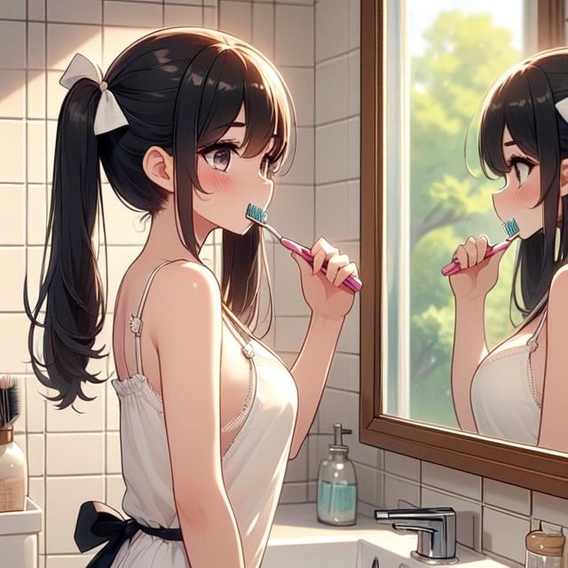 (((masterpiece))), (((best quality))), (((from side))), (((brush teeth))), ((holding a toothbrush)), (((reflection))), (((mirror))), (((looking at self))), ((side breast)), ((side open)), ((loose camisole)), ((bare thighs)),  sink, tile wall, window,, solo, 1girl, (((big tits))), twintails, hairclip, ribbon, sweat, daze, shy, blush, slim figure, night, <lora:girllikebrushteeth:1>