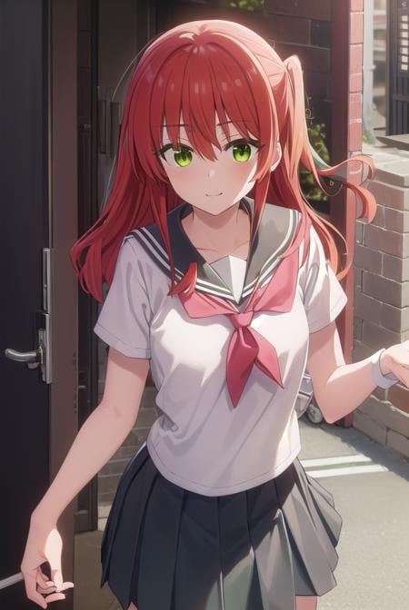 kitaikuyo, <lora:ikuyo kita s1-lora-nochekaiser:1>, ikuyo kita, (green eyes:1.5), hair between eyes, long hair, one side up, red hair, smile,BREAK black footwear, black skirt, grey sailor collar, pleated skirt, sailor collar, school uniform, shoes, short sleeves, shuka high school uniform, skirt,,BREAK indoors, classroom,BREAK looking at viewer, (cowboy shot:1.5),BREAK <lyco:GoodHands-beta2:1>, (masterpiece:1.2), best quality, high resolution, unity 8k wallpaper, (illustration:0.8), (beautiful detailed eyes:1.6), extremely detailed face, perfect lighting, extremely detailed CG, (perfect hands, perfect anatomy),