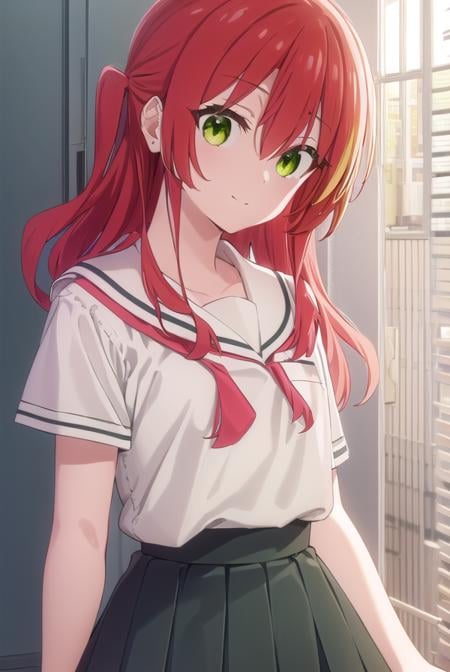 kitaikuyo, <lora:ikuyo kita s1-lora-nochekaiser:1>, ikuyo kita, (green eyes:1.5), hair between eyes, long hair, one side up, red hair, smile,BREAK black footwear, black skirt, grey sailor collar, pleated skirt, sailor collar, school uniform, shoes, short sleeves, shuka high school uniform, skirt,,BREAK indoors, classroom,BREAK looking at viewer, (cowboy shot:1.5),BREAK <lyco:GoodHands-beta2:1>, (masterpiece:1.2), best quality, high resolution, unity 8k wallpaper, (illustration:0.8), (beautiful detailed eyes:1.6), extremely detailed face, perfect lighting, extremely detailed CG, (perfect hands, perfect anatomy),