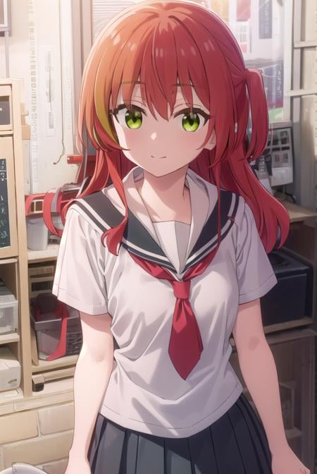 kitaikuyo, <lora:ikuyo kita s1-lora-nochekaiser:1>, ikuyo kita, (green eyes:1.5), hair between eyes, long hair, one side up, red hair, smile,BREAK black footwear, black skirt, grey sailor collar, pleated skirt, sailor collar, school uniform, shoes, short sleeves, shuka high school uniform, skirt,,BREAK indoors, classroom,BREAK looking at viewer, (cowboy shot:1.5),BREAK <lyco:GoodHands-beta2:1>, (masterpiece:1.2), best quality, high resolution, unity 8k wallpaper, (illustration:0.8), (beautiful detailed eyes:1.6), extremely detailed face, perfect lighting, extremely detailed CG, (perfect hands, perfect anatomy),