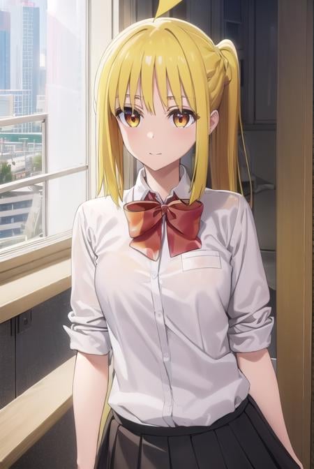 nijikaijichi, <lora:nijika ijichi s1-lora-nochekaiser:1>, nijika ijichi, ahoge, (yellow hair:1.5), (brown eyes:1.5), long hair, side ponytail, smile,BREAK (black skirt:1.5), bow, bowtie, collared shirt, pleated skirt, polka dot, polka dot bow, red bow, (red bowtie:1.5), red footwear, shirt, shoes, short sleeves, skirt, socks, (white shirt:1.5), white socks,BREAK indoors, classroom,BREAK looking at viewer, (cowboy shot:1.5), BREAK <lyco:GoodHands-beta2:1>, (masterpiece:1.2), best quality, high resolution, unity 8k wallpaper, (illustration:0.8), (beautiful detailed eyes:1.6), extremely detailed face, perfect lighting, extremely detailed CG, (perfect hands, perfect anatomy),