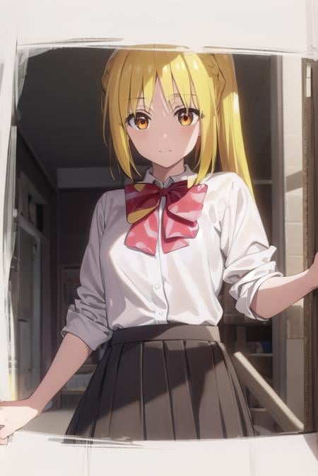 nijikaijichi, <lora:nijika ijichi s1-lora-nochekaiser:1>, nijika ijichi, ahoge, (yellow hair:1.5), (brown eyes:1.5), long hair, side ponytail, smile,BREAK (black skirt:1.5), bow, bowtie, collared shirt, pleated skirt, polka dot, polka dot bow, red bow, (red bowtie:1.5), red footwear, shirt, shoes, short sleeves, skirt, socks, (white shirt:1.5), white socks,BREAK indoors, classroom,BREAK looking at viewer, (cowboy shot:1.5), BREAK <lyco:GoodHands-beta2:1>, (masterpiece:1.2), best quality, high resolution, unity 8k wallpaper, (illustration:0.8), (beautiful detailed eyes:1.6), extremely detailed face, perfect lighting, extremely detailed CG, (perfect hands, perfect anatomy),