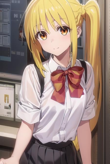 nijikaijichi, <lora:nijika ijichi s1-lora-nochekaiser:1>, nijika ijichi, ahoge, (yellow hair:1.5), (brown eyes:1.5), long hair, side ponytail, smile,BREAK (black skirt:1.5), bow, bowtie, collared shirt, pleated skirt, polka dot, polka dot bow, red bow, (red bowtie:1.5), red footwear, shirt, shoes, short sleeves, skirt, socks, (white shirt:1.5), white socks,BREAK indoors, classroom,BREAK looking at viewer, (cowboy shot:1.5), BREAK <lyco:GoodHands-beta2:1>, (masterpiece:1.2), best quality, high resolution, unity 8k wallpaper, (illustration:0.8), (beautiful detailed eyes:1.6), extremely detailed face, perfect lighting, extremely detailed CG, (perfect hands, perfect anatomy),