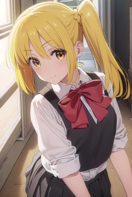 nijikaijichi, <lora:nijika ijichi s1-lora-nochekaiser:1>, nijika ijichi, ahoge, (yellow hair:1.5), (brown eyes:1.5), long hair, side ponytail, smile,BREAK (black skirt:1.5), bow, bowtie, collared shirt, pleated skirt, polka dot, polka dot bow, red bow, (red bowtie:1.5), red footwear, shirt, shoes, short sleeves, skirt, socks, (white shirt:1.5), white socks,BREAK indoors, classroom,BREAK looking at viewer, (cowboy shot:1.5), BREAK <lyco:GoodHands-beta2:1>, (masterpiece:1.2), best quality, high resolution, unity 8k wallpaper, (illustration:0.8), (beautiful detailed eyes:1.6), extremely detailed face, perfect lighting, extremely detailed CG, (perfect hands, perfect anatomy),