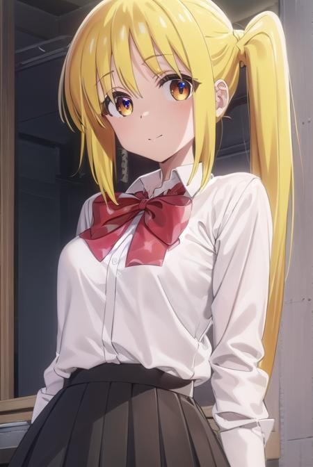 nijikaijichi, <lora:nijika ijichi s1-lora-nochekaiser:1>, nijika ijichi, ahoge, (yellow hair:1.5), (brown eyes:1.5), long hair, side ponytail, smile,BREAK (black skirt:1.5), bow, bowtie, collared shirt, pleated skirt, polka dot, polka dot bow, red bow, (red bowtie:1.5), red footwear, shirt, shoes, short sleeves, skirt, socks, (white shirt:1.5), white socks,BREAK indoors, classroom,BREAK looking at viewer, (cowboy shot:1.5), BREAK <lyco:GoodHands-beta2:1>, (masterpiece:1.2), best quality, high resolution, unity 8k wallpaper, (illustration:0.8), (beautiful detailed eyes:1.6), extremely detailed face, perfect lighting, extremely detailed CG, (perfect hands, perfect anatomy),