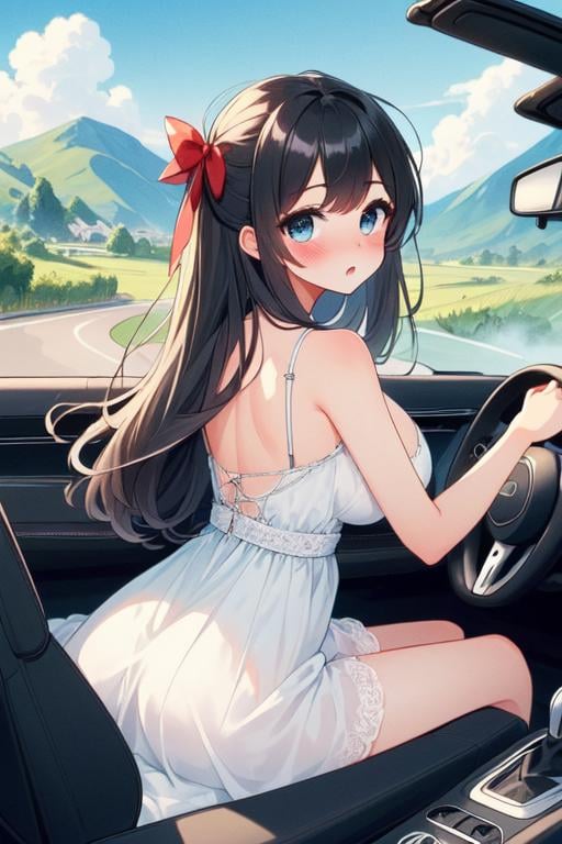 (((masterpiece))),  (((best quality))),  ((girl driving cabrio on countryside road)),  ((from behind)),  ((looking viewer)),  ((windshield)),  one-hand fingers holding on steering wheel,  mint strap cut-out gown,  ribbon,  black longhair in wind,  cleavage,  big tits,  shy,  blush,  stockings,  sitting,<lora:EMS-260531-EMS:0.800000>