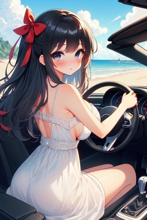 (((masterpiece))),  (((best quality))),  ((girl driving cabrio on beach road)),  ((from behind)),  ((looking viewer)),  ((windshield)),  one-hand fingers holding on steering wheel,  (((red strap cut-out gown))),  ribbon,  black longhair in wind,  cleavage,  big tits,  shy,  blush,  stockings,  sitting,<lora:EMS-260531-EMS:0.800000>