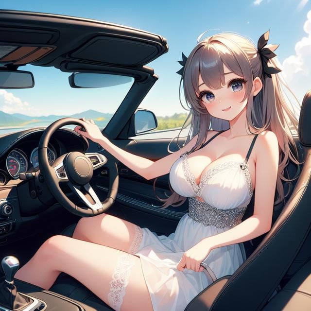 (((masterpiece))),  (((best quality))),  daytime,  ((girl driving cabrio in highway)),  ((windshield)),  one-hand fingers holding on steering wheel,  silver strap cut-out gown,  ribbon,  longhair in wind,  cleavage,  big tits,  smile,  shy,  blush,  stockings,<lora:EMS-260531-EMS:1.000000>