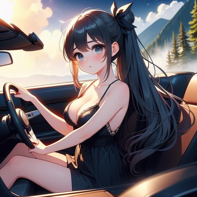 (((masterpiece))),  (((best quality))),  solo,  1girl driving cabrio on mountain road,  hands on steering wheel,  drifting,  strap cut-out gown,  night,  wind,  cleavage,  big tits,  ribbon updo longhair,  shy,  blush,<lora:EMS-260531-EMS:1.100000>