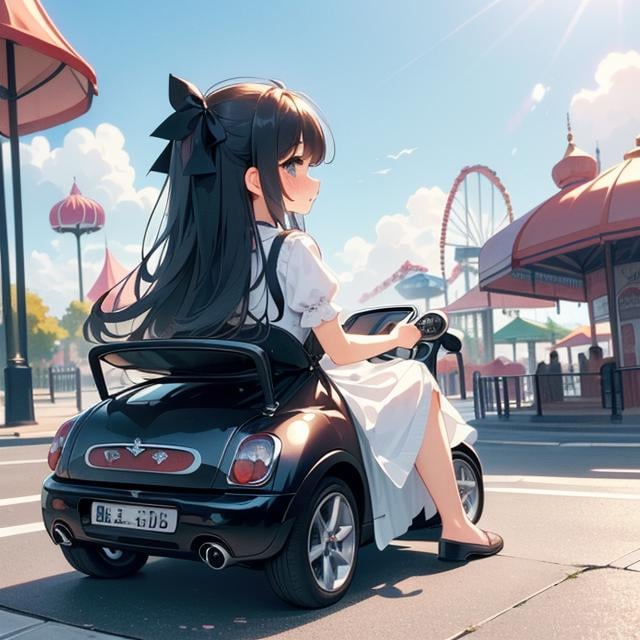 (((masterpiece))),  (((best quality))),  (((from behind))),  (((profile))),  (((looking viewer))),  (((half body))),  (((1girl sitting on mini car))),  ((ground in amusement park)),  hands on steering wheel,  white lace gothic cute little dress,  wind,  ribbon longhair,  shy,  blush,<lora:EMS-262092-EMS:0.800000>