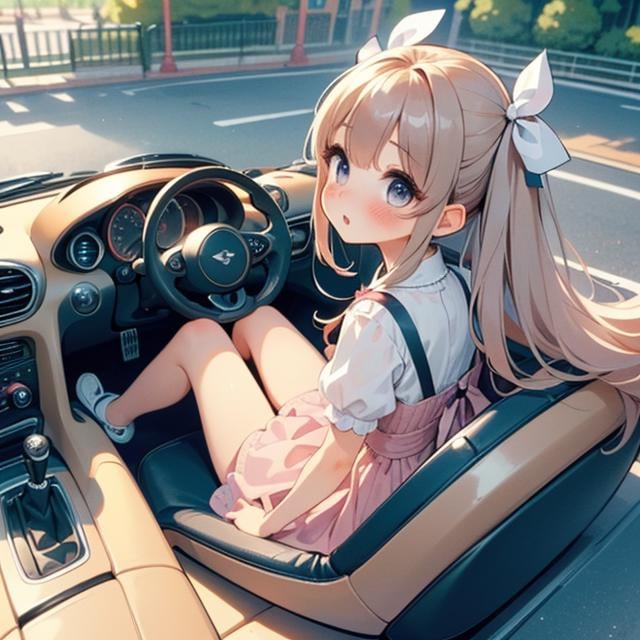 (((masterpiece))),  (((best quality))),  (((from behind))),  (((from above))),  (((looking viewer))),  (((half body))),  ((1girl sitting on mini car)),  ((ground in amusement park)),  ((hands on steering wheel)),  beige cute little dress,  wind,  ribbon longhair,  shy,  blush,<lora:EMS-262092-EMS:0.800000>