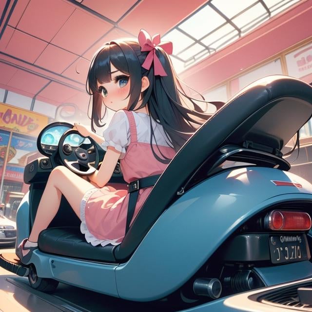 (((masterpiece))),  (((best quality))),  (((from behind))),  (((from below))),  (((looking viewer))),  (((half body))),  (((1girl sitting on mini car))),  (((ground in indoor))),  (((amusement park))),  (((one-hand on steering wheel))),  drifting,  cute little dress,  wind,  ribbon longhair,  shy,  blush,<lora:EMS-262092-EMS:0.800000>