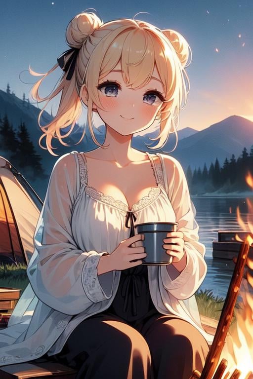 (((masterpiece))),  (((best quality))), (((bonfire))), holding a cup, sitting on chair, frills chiffon pajamas, black chiffon jacket, tent, sunset, camper van,  solo, 1girl, gentle smile, cleavage, big tits, collarbone, blond twinbun, ribbon, petite figure proportion,  <lora:girllikebonfire:1>