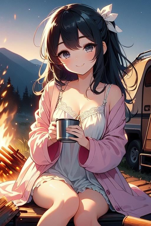 (((masterpiece))),  (((best quality))), (((bonfire))), holding a cup, sitting on chair, frills chiffon pajamas, yellow chiffon jacket, tent, sunset, camper van,  solo, 1girl, smile, cleavage, big tits, collarbone, black longhair, ribbon, petite figure proportion,  <lora:girllikebonfire:1>