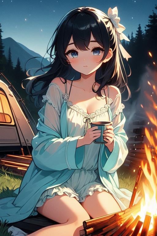 (((masterpiece))),  (((best quality))), (((bonfire))), holding a cup, sitting on chair, frills chiffon pajamas, cyan chiffon jacket, tent, night, camper van,  solo, 1girl, cleavage, big tits, collarbone, black longhair, ribbon, petite figure proportion,  <lora:girllikebonfire:1>