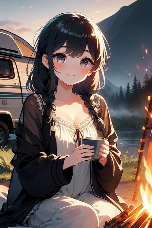 (((masterpiece))),  (((best quality))), (((bonfire))), holding a cup, sitting on chair, frills chiffon pajamas, black chiffon jacket, tent, sunset, ((camper van)),  solo, 1girl, gentle smile, cleavage, big tits, collarbone, dark gray (((braid))), ribbon, petite figure proportion,  <lora:girllikebonfire:1>