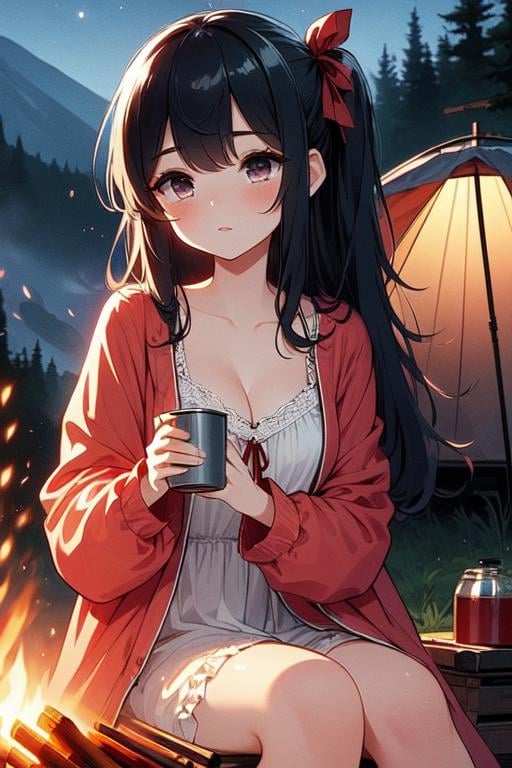 (((masterpiece))),  (((best quality))), (((bonfire))), holding a cup, sitting on chair, frills chiffon pajamas, red chiffon jacket, tent, night, camper van,  solo, 1girl, cleavage, big tits, collarbone, black longhair, ribbon, petite figure proportion,  <lora:girllikebonfire:1>