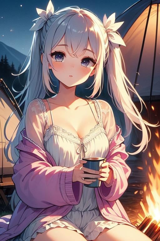 (((masterpiece))),  (((best quality))), (((bonfire))), holding a cup, sitting on chair, frills chiffon pajamas, chiffon jacket, tent, night, camper van,  solo, 1girl, cleavage, big tits, collarbone, longhair,  ribbon, petite figure proportion,  <lora:girllikebonfire:1>