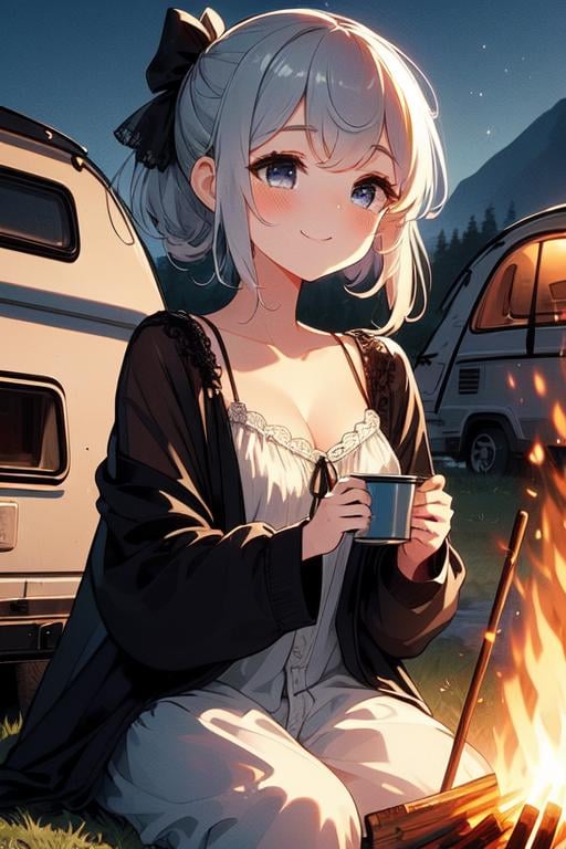 (((masterpiece))),  (((best quality))), (((bonfire))), holding a cup, sitting on chair, frills chiffon pajamas, black chiffon jacket, tent, sunset, (((camper van))),  solo, 1girl, gentle smile, cleavage, big tits, collarbone, dark gray braid, ribbon, petite figure proportion,  <lora:girllikebonfire:1>