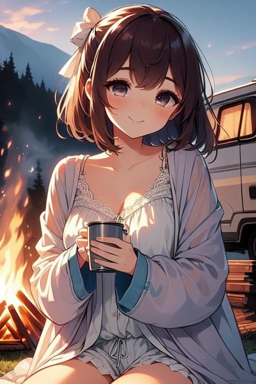 (((masterpiece))),  (((best quality))), (((bonfire))), holding a cup, sitting on chair, frills chiffon pajamas, gray chiffon jacket, tent, sunset, camper van,  solo, 1girl, gentle smile, cleavage, big tits, collarbone, brown shot hair, ribbon, petite figure proportion,  <lora:girllikebonfire:1>