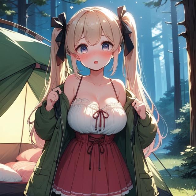 (((masterpiece))),  (((best quality))),  campsite,  open door curtain,  chiffon jacket,  skirt,  tent,  night,  grass,  forest,  solo,  1girl,  cleavage,  big tits,  collarbone,  sweat,  ribbon,  blond twintail,  open mouth,  rosy lips,  shy,  blush,<lora:EMS-275040-EMS:1.000000>