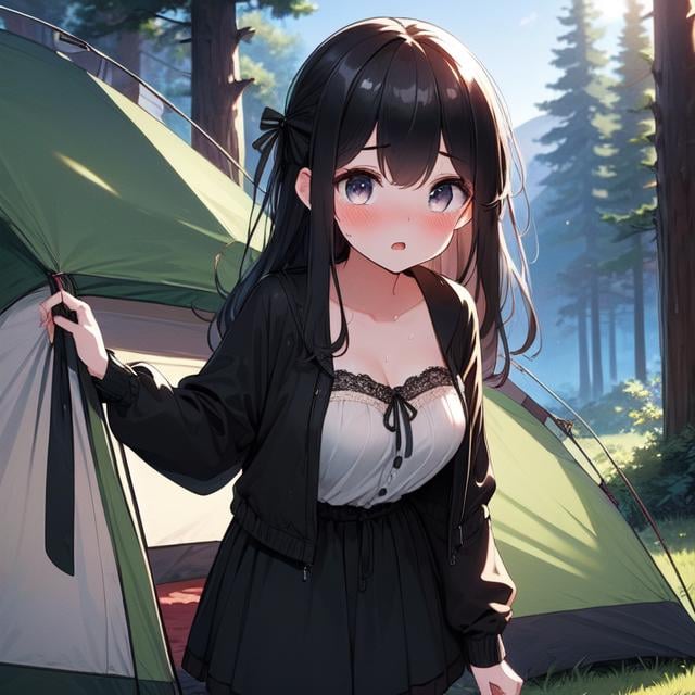 (((masterpiece))),  (((best quality))),  (((campsite))),  ((open door curtain)),  ((black chiffon jacket)),  skirt,  night,  tent,  grass,  forest,  solo,  1girl,  cleavage,  big tits,  collarbone,  sweat,  ribbon,  black longhair,  open mouth,  rosy lips,  shy,  blush,<lora:EMS-275040-EMS:1.000000>