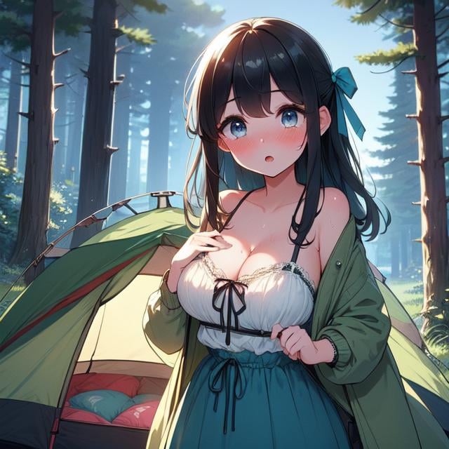 (((masterpiece))),  (((best quality))),  (((campsite))),  ((open door curtain)),  cyan chiffon jacket,  skirt,  night,  tent,  grass,  forest,  solo,  1girl,  cleavage,  big tits,  collarbone,  sweat,  ribbon,  black longhair,  open mouth,  rosy lips,  shy,  blush,<lora:EMS-275040-EMS:1.000000>