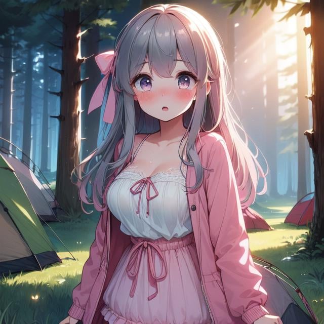 (((masterpiece))),  (((best quality))),  (((campsite))),  ((pink chiffon jacket)),  skirt,  night,  tent,  grass,  forest,  solo,  1girl,  open door curtain,  cleavage,  big tits,  collarbone,  sweat,  ribbon,  gray longhair,  open mouth,  rosy lips,  shy,  blush,<lora:EMS-275040-EMS:1.000000>