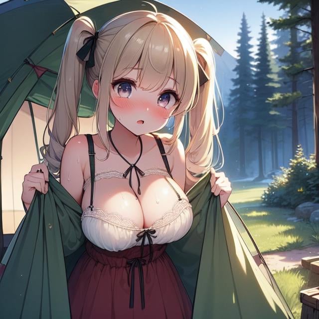 (((masterpiece))),  (((best quality))),  (((campsite))),  (((open door curtain))),  chiffon jacket,  skirt,  tent,  night,  grass,  forest,  solo,  1girl,  cleavage,  big tits,  collarbone,  sweat,  ribbon,  blond twintail,  open mouth,  rosy lips,  shy,  blush,<lora:EMS-275040-EMS:1.000000>