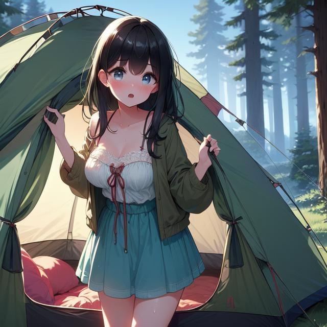 (((masterpiece))),  (((best quality))),  (((campsite))),  (((open door curtain))),  (((tent))),  cyan chiffon jacket,  skirt,  night,  grass,  forest,  solo,  1girl,  cleavage,  big tits,  collarbone,  sweat,  ribbon,  black longhair,  open mouth,  rosy lips,  shy,  blush,<lora:EMS-275040-EMS:1.000000>