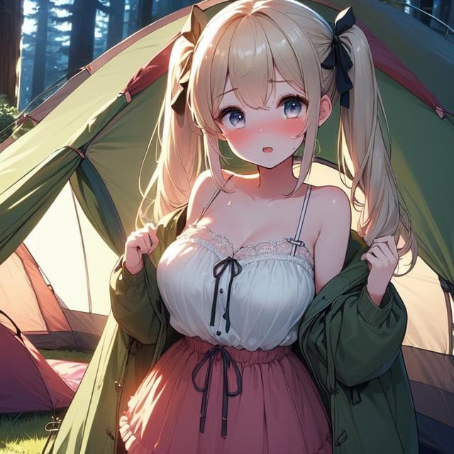 (((masterpiece))),  (((best quality))),  (((campsite))),  (((open door curtain by hands))),  (((tent))),  chiffon jacket,  skirt,  night,  grass,  forest,  solo,  1girl,  cleavage,  big tits,  collarbone,  sweat,  ribbon,  blond twintail,  open mouth,  rosy lips,  shy,  blush,<lora:EMS-275040-EMS:1.000000>