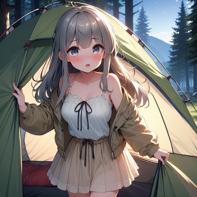 (((masterpiece))),  (((best quality))),  (((campsite))),  ((tent)),  ((beige chiffon jacket)),  skirt,  night,  grass,  forest,  solo,  1girl,  open door curtain,  cleavage,  big tits,  collarbone,  sweat,  ribbon,  gray longhair,  open mouth,  rosy lips,  shy,  blush,<lora:EMS-275040-EMS:1.000000>