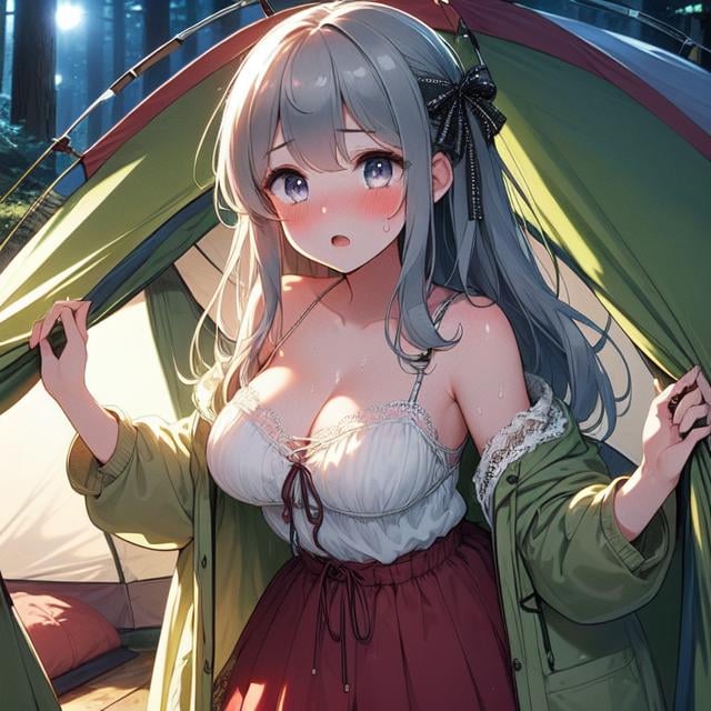 (((masterpiece))),  (((best quality))),  (((campsite))),  ((tent)),  ((open door curtain)),  ((white lace chiffon jacket)),  skirt,  night,  grass,  forest,  solo,  1girl,  cleavage,  big tits,  collarbone,  sweat,  ribbon,  gray longhair,  open mouth,  rosy lips,  shy,  blush,<lora:EMS-275040-EMS:1.000000>