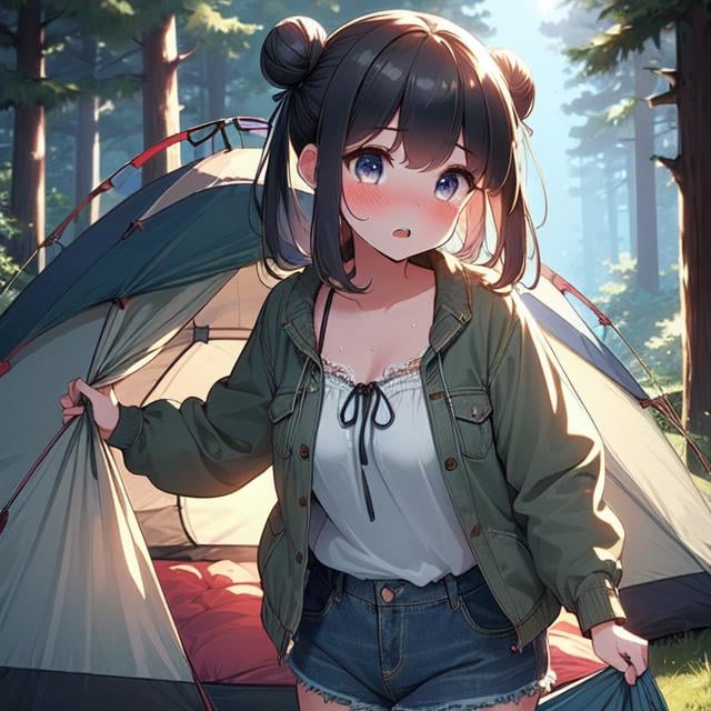 (((masterpiece))),  (((best quality))),  (((campsite))),  ((tent)),  ((denim chiffon jacket)),  skirt,  night,  grass,  forest,  solo,  1girl,  open door curtain,  cleavage,  big tits,  collarbone,  sweat,  ribbon,  twinbun hair,  open mouth,  rosy lips,  shy,  blush,<lora:EMS-275040-EMS:1.000000>