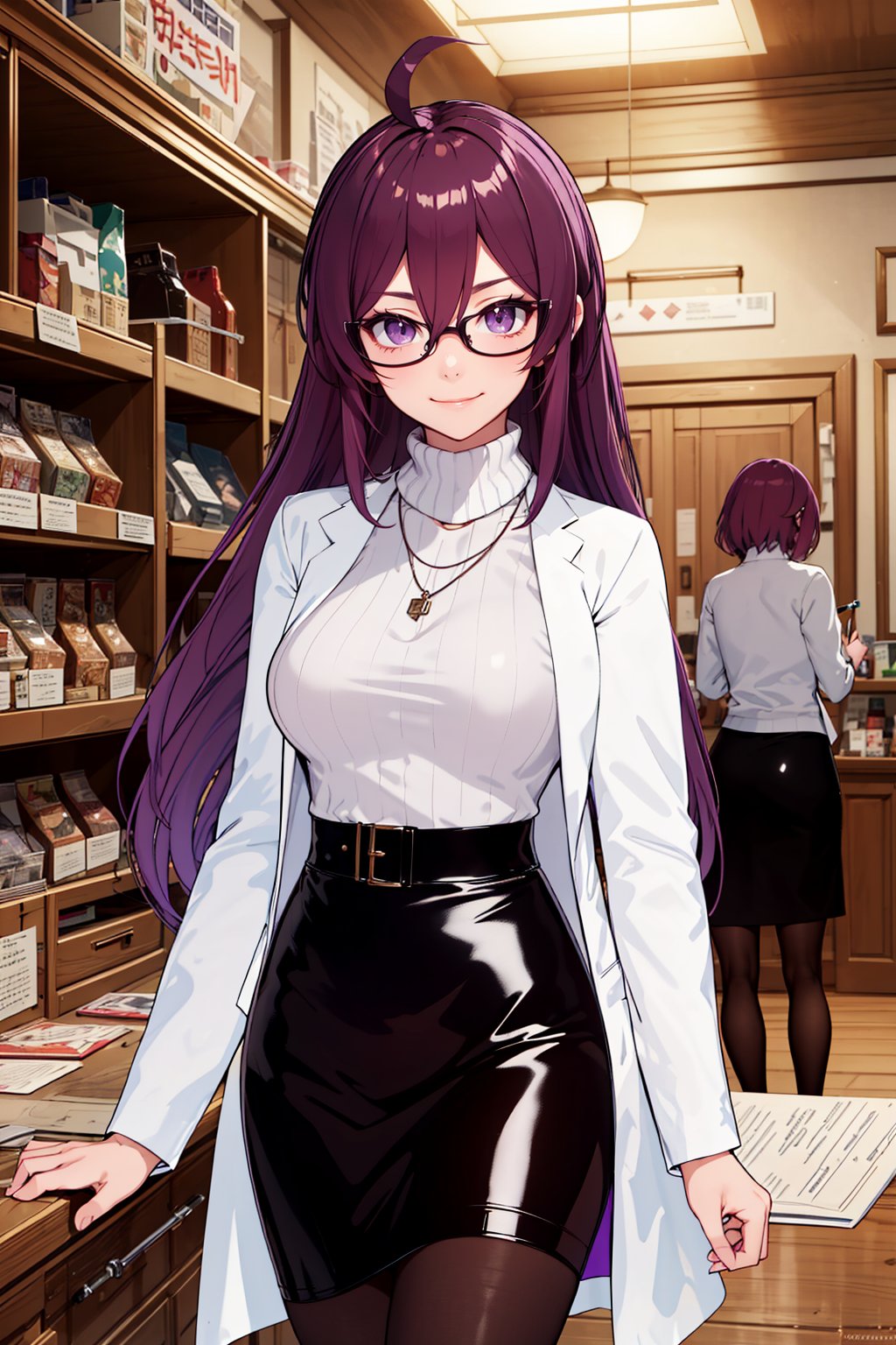 top quality, best quality, 1 girl, solo, old shion, cowboy shot, purple hair, very long hair, messy hair, purple eyes, glasses, jewelry, (white sweater:1.2), turtleneck, black pencil skirt, labcoat, pantyhose,old shion,CutePatinting,portrait, black-eyes-wear,<lora:EMS-304825-EMS:0.800000>,<lora:EMS-84824-EMS:-0.300000>