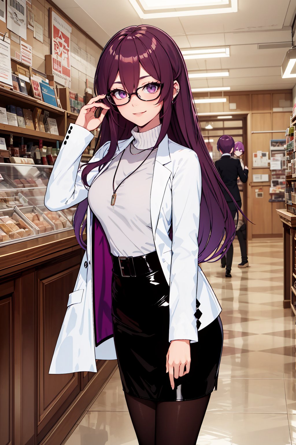 top quality, best quality, girl, old shion, cowboy shot, purple hair, very long hair, purple eyes, glasses, jewelry, white sweater, turtleneck, black pencil skirt, labcoat, pantyhose,old shion,CutePatinting,portrait, black-eyes-wear,<lora:EMS-84824-EMS:-0.300000>,<lora:EMS-304825-EMS:0.800000>