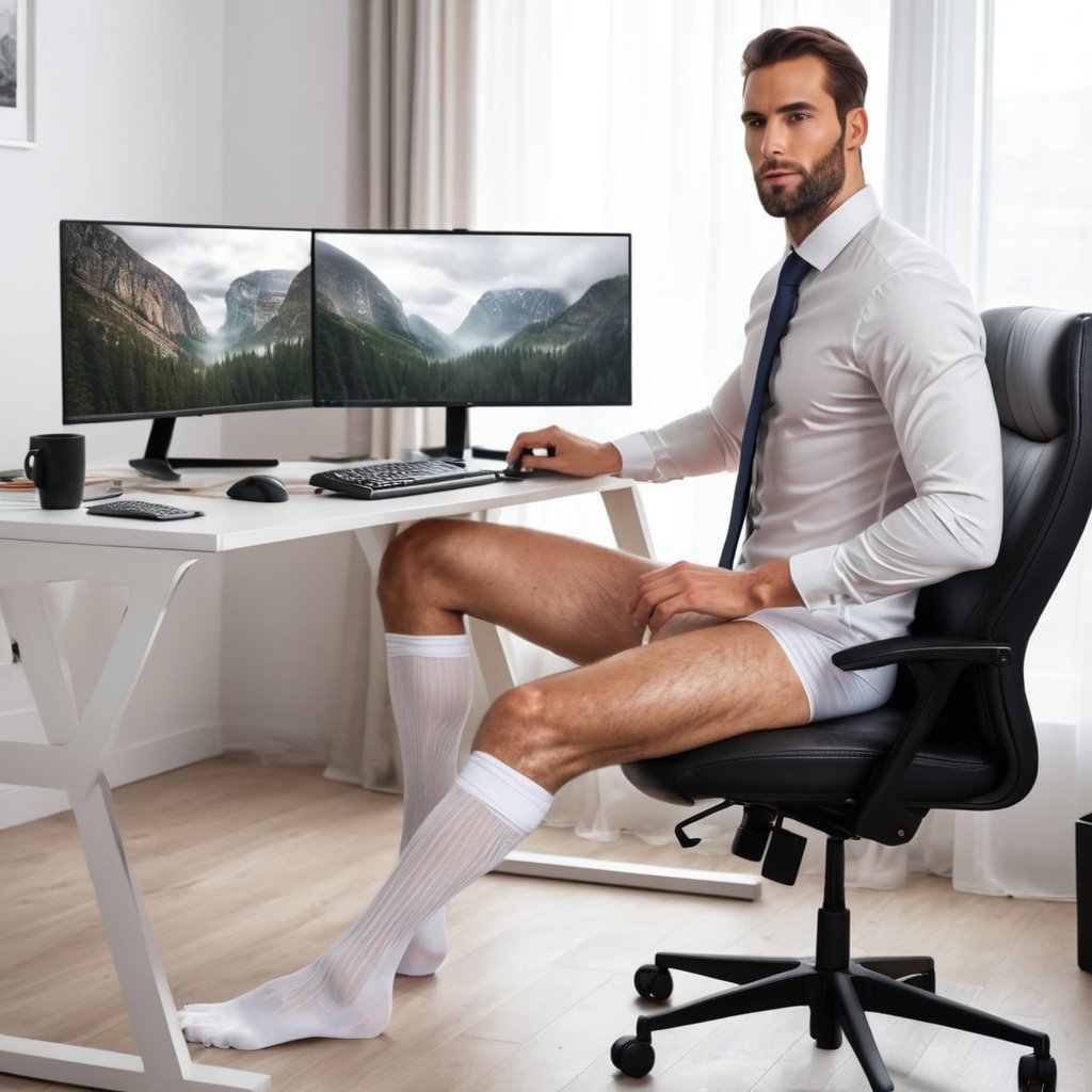 1guy, full body,in the living room, work from home, handsome young european man sitting in front of a computer, having zoom meeting, working in front of the computer, view horizontally, photorealistic, RAW, solo focus, wearing over the calf socks, wearing white underwear, necktie, typing on the keyboard, looking at the computer screen