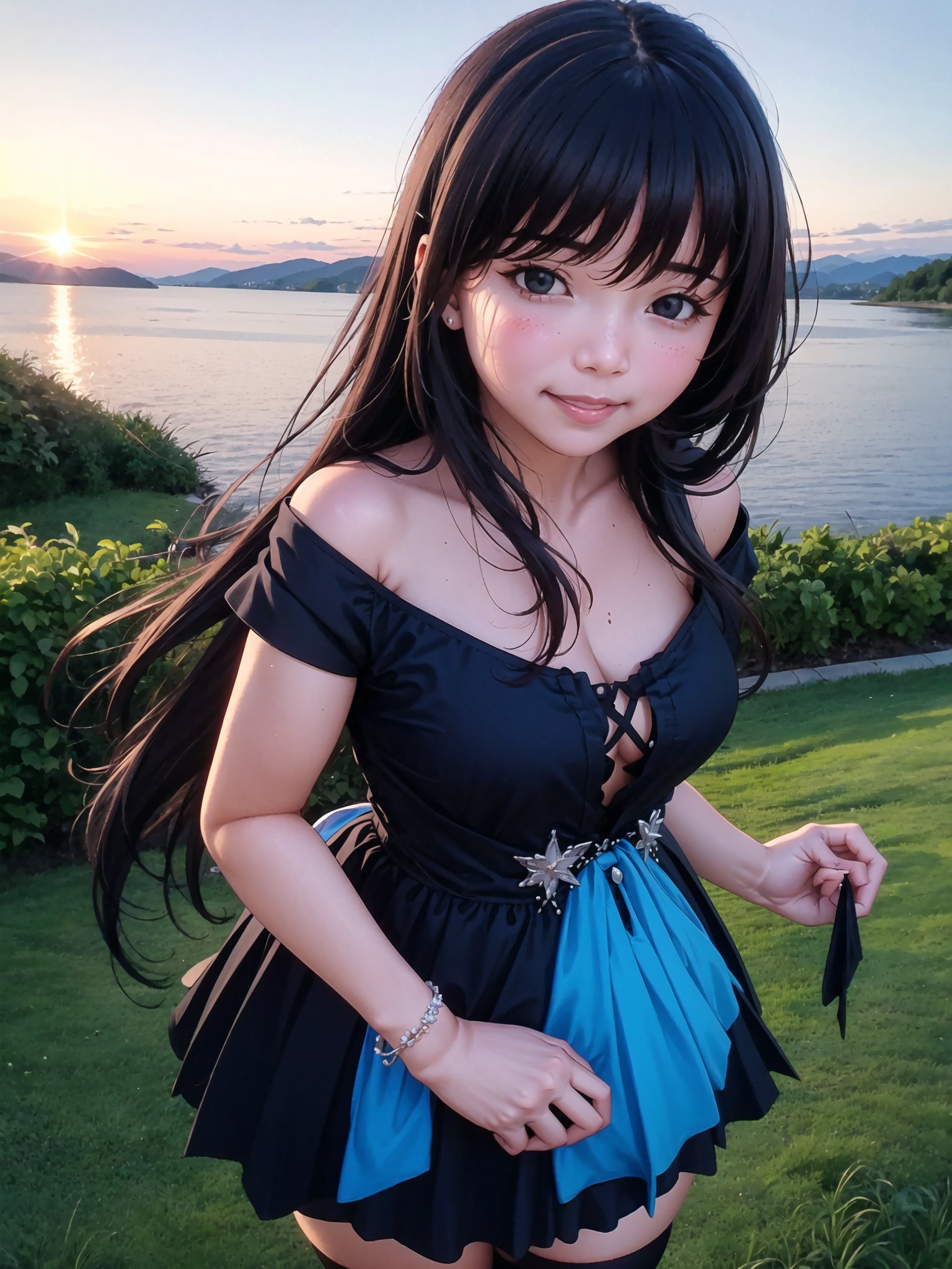 Portrait of beautiful girl,
, (kawaii girl:1.0), (1girl:1.3),   (medium breasts:1.0), (smile:0.8), (ultra-detailed, highres:1.0),.masterpiece,best quality,incredibly  detail eyes,shore, 

high detail eyes,
, age 17,medium breasts, seductive face ,High detailed ,ranty,

, rose fields views, on water, best smile, cute face, perfect light, , (black and blue dress :1.5),  no sleeves ,masterpiece,incredibly absurdres, (dark brown hair :1.3), (black eye :1.3), wavy_hair,(very long hair :1.3), bare_shoulders , rose park, medieval town, horizon mountains, sunrise, isekai, rose flower park + (depth of field:1.3), ( black and blue dress) + bare arms, bare shoulders, cleavage,("one-piece dress"), nude_thighhighs , flower hairpin , embrassed face, underwear showing , flower hairpin, short skirt, nipples visibles, half naked, stripping, nudes, underwear showing
 ,portrait,perfect light, cowboy_shot, moaning, blushing ,(see-through:1.2),long boots,

smile, half-closed eyes, full-face blush, cute face,Ranty,Elisabeth ,keqing \(opulent splendor\),Wenny,Tiur,Geby