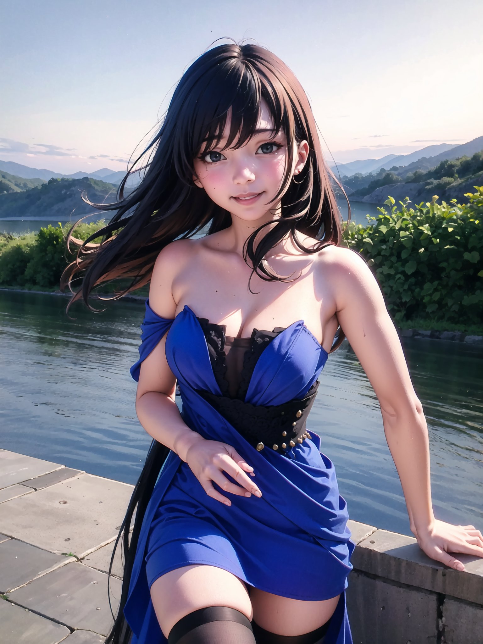 Portrait of beautiful girl,
, (kawaii girl:1.0), (1girl:1.3),   (medium breasts:1.0), (smile:0.8), (ultra-detailed, highres:1.0),.masterpiece,best quality,incredibly  detail eyes,shore, 

high detail eyes,
, age 17,medium breasts, seductive face ,High detailed ,ranty,

, rose fields views, on water, best smile, cute face, perfect light, , (black and blue dress :1.5),  no sleeves ,masterpiece,incredibly absurdres, (dark brown hair :1.3), (black eye :1.3), wavy_hair,(very long hair :1.3), bare_shoulders , rose park, medieval town, horizon mountains, sunrise, isekai, rose flower park + (depth of field:1.3), ( black and blue dress) + bare arms, bare shoulders, cleavage,("one-piece dress"), nude_thighhighs , flower hairpin , embrassed face, underwear showing , flower hairpin, short skirt, nipples visibles, half naked, stripping, nudes, underwear showing
 ,portrait,perfect light, cowboy_shot, moaning, blushing ,(see-through:1.2),long boots,

smile, half-closed eyes, full-face blush, cute face,Ranty,Elisabeth ,keqing \(opulent splendor\),Wenny,Tiur,Geby