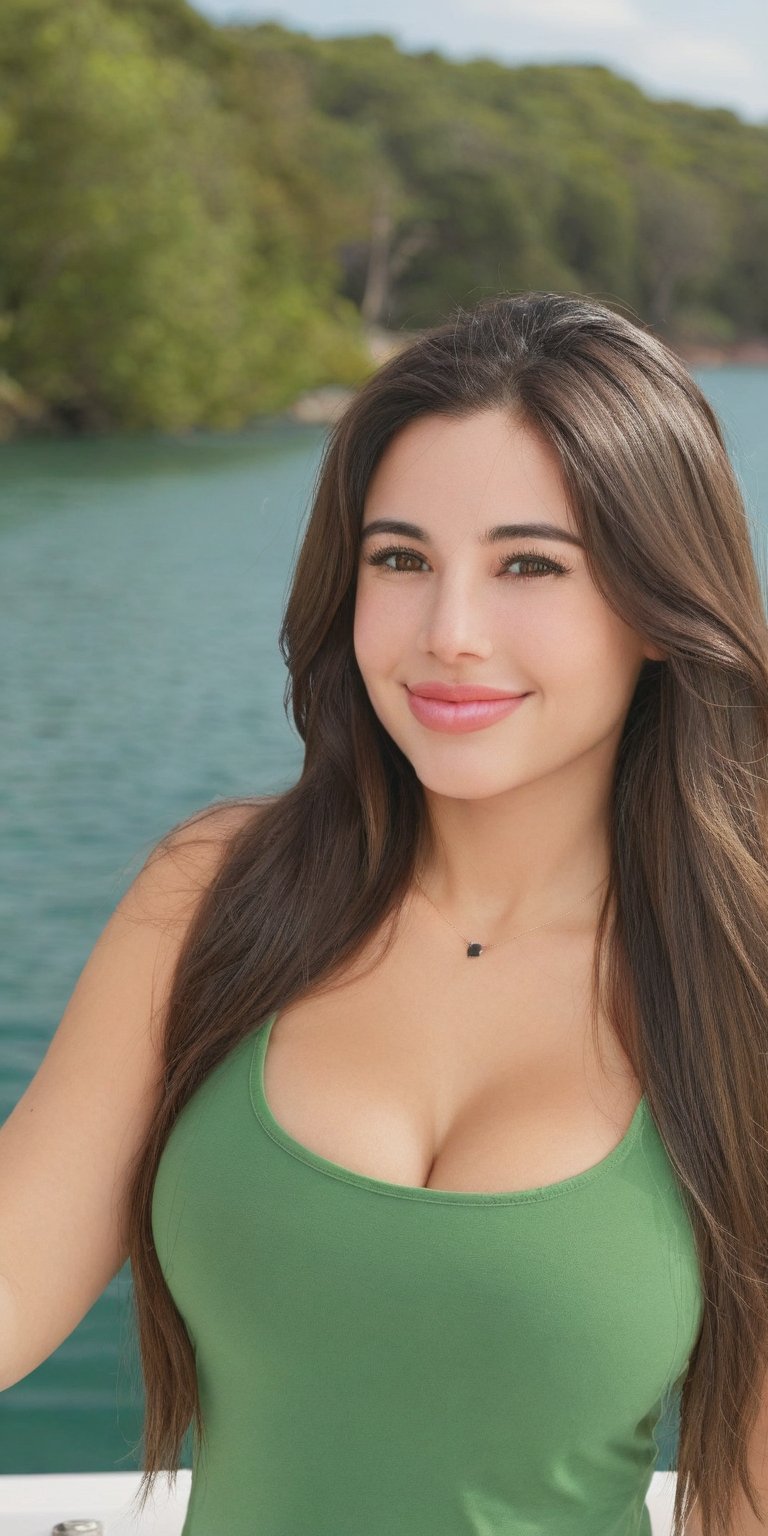 create photo realistic women flirting with viewer using her eyes and smile.long dark chestnut hair, fit hair,green t=shirt, huge breast , hourglass body, upper body,light brown eyes, pink chubby lips. sitting on the boat at the lake , beautiful view.
,Latina,photo r3al,angie