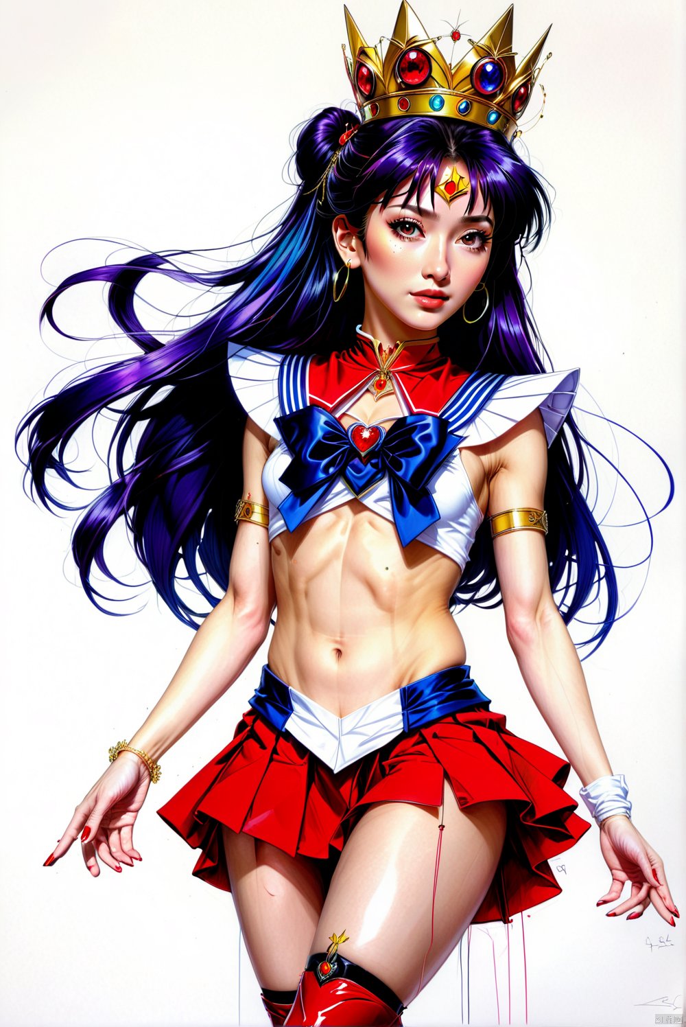 Create a technical sketch of Rei Hino (Sailor Mars) from the Japanese anime series "Sailor Moon". The sketch should be in black and white line art, capturing the intricate details of her design, including her sailor outfit with a red collar and skirt, long black hair, red high heels, and her tiara with a red gem. The main body of Rei Hino should be rendered in a colorful 3D effect to highlight her vibrant and dynamic appearane.Include annotations and measurements for key components such as the height of the character,the length of her hair, the dimensions of her tiara,and the size of her shoes. The sketch should have a clean, white background to emphasize the detailed parts of the character. Annotations should be clear and legible, providing detailed explanations of each part. 8kHD.,crotch tattoo