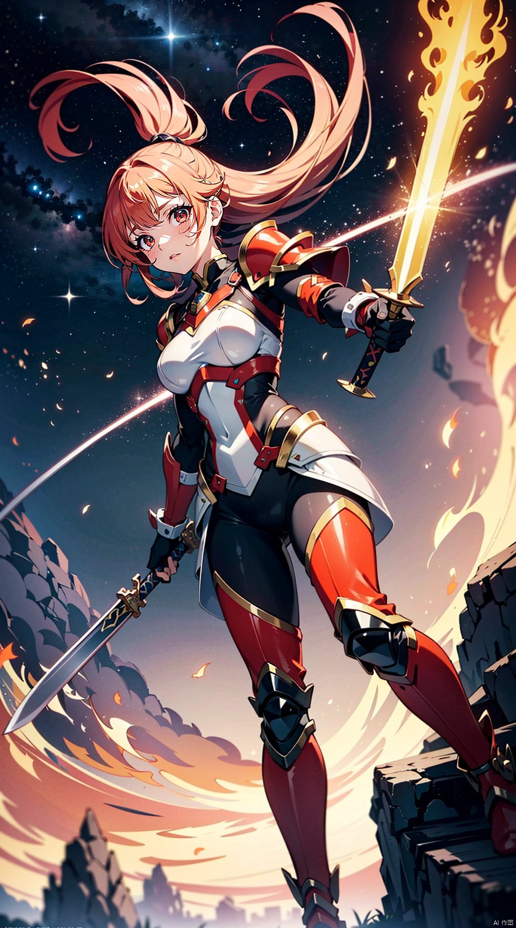  A female warrior in red armor, she stands alone among the stars, forming a magnificent picture with the planets and stars around her. Her armor was as red as fire, as if it could burn the universe, and the red dual swords  in her hand shone with a cold light, as if it could Pierce all obstacles. The female warrior's hair, red as fire, fluttered across the void of the universe, in stark contrast to her armor.
1 girl,full body,masterpiece,
render,technology, (best quality) (masterpiece), (highly detailed), 4K,Official art, unit 8 k wallpaper, ultra detailed, masterpiece, best quality, extremely detailed, dynamic angle,atmospheric,highdetail,exquisitefacialfeatures,futuristic,sciencefiction,CG, (wielding dual swords:1.2), Add details